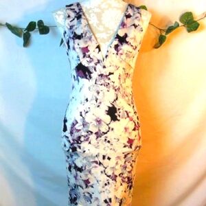 Forever 21 Dress White Purple Black Deep Plunge Classy Floral Bodycon Jr. Size L